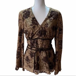 WRAP FRONT LACE LONG SLEEVE TAN BROWN DRESSY PARTY HOLIDAY TOP